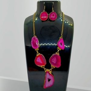 Pink solar druzy jewelry set